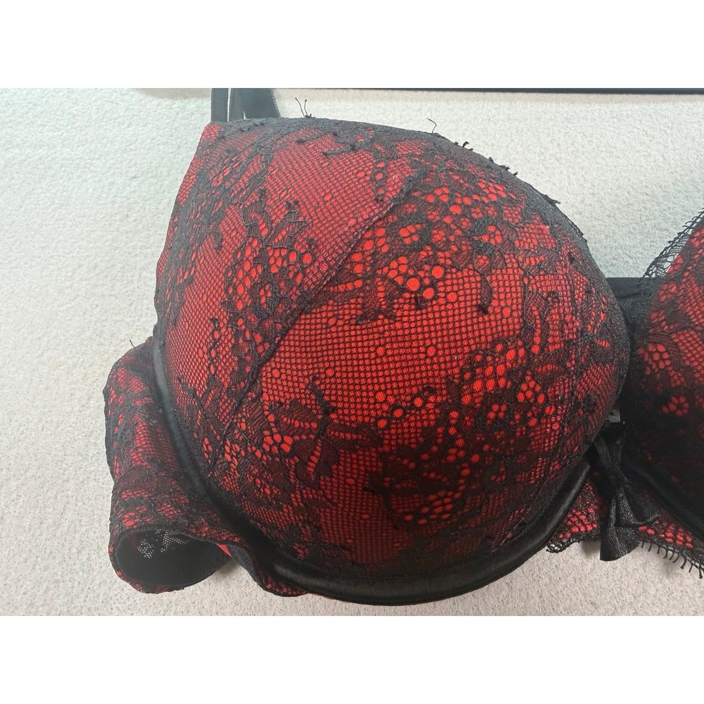 Torrid Push Up Plunge Bra 40D Red Black Floral Lace Underwire Eyelash Trim Bow - Picture 6 of 8